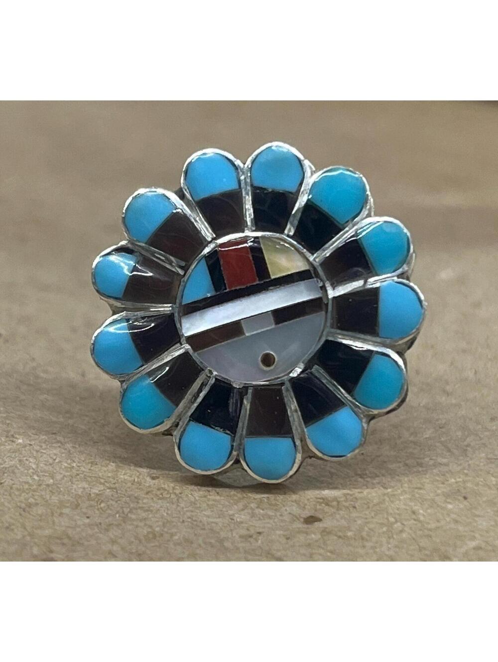 Zuni sunface Turquoise mother of pearl sterling silver inlay ring size 7.25